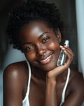NOIREL NRL001 bottle held near face by woman with natural curls