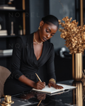 Black ruched office dress with long sleeves and deep V-neck