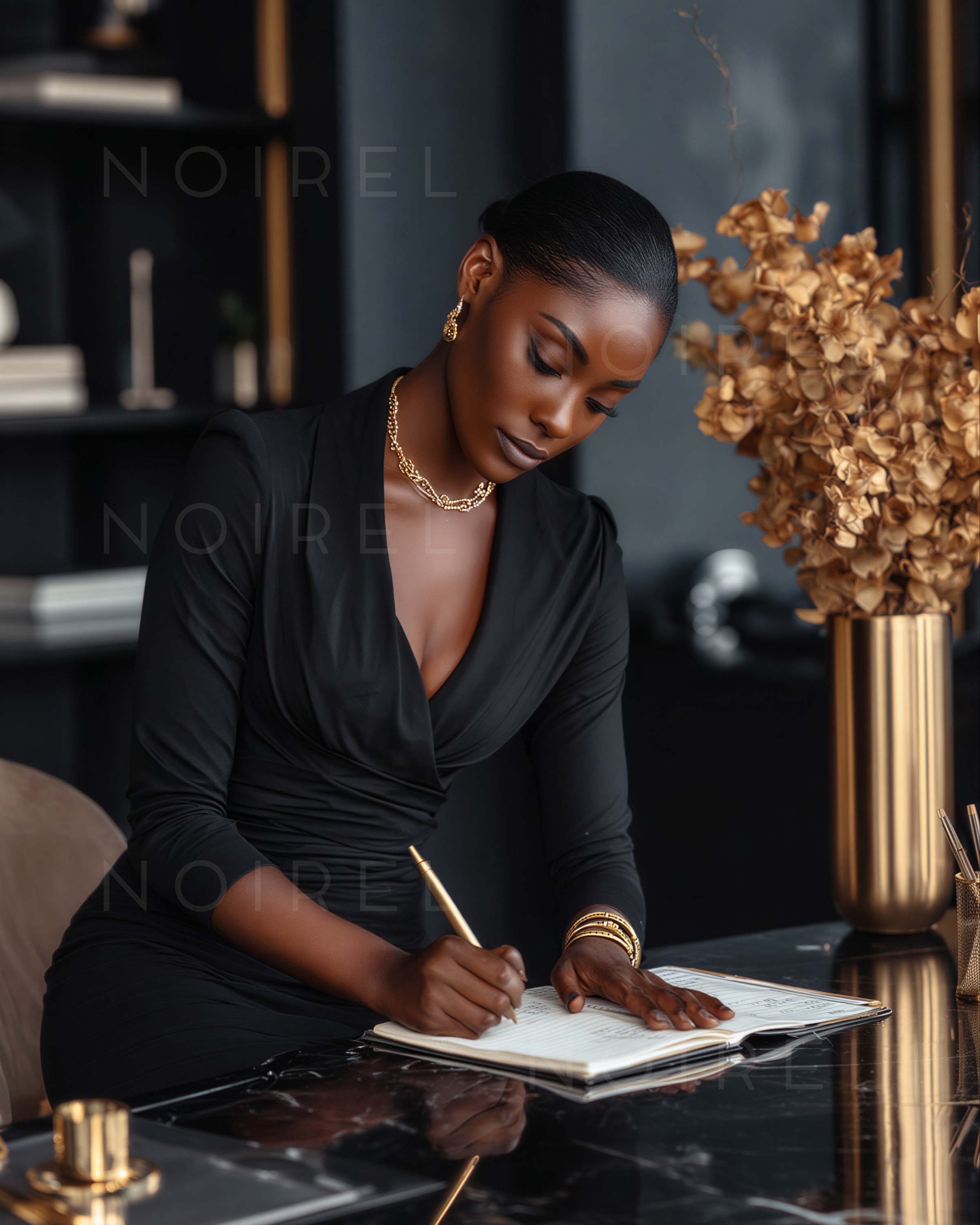 Black ruched office dress with long sleeves and deep V-neck