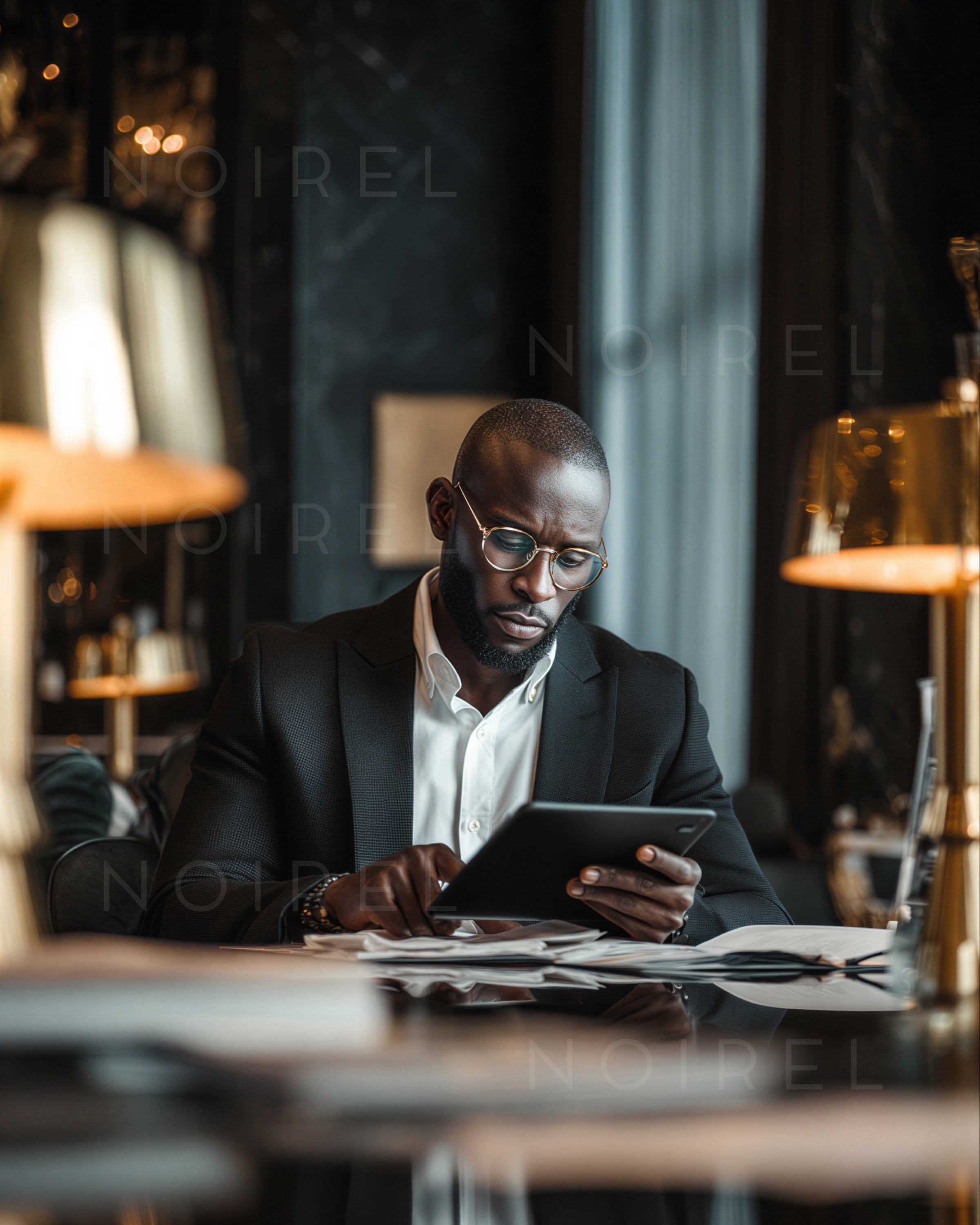 Black blazer with white dress shirt, buttoned, worn in an office setting