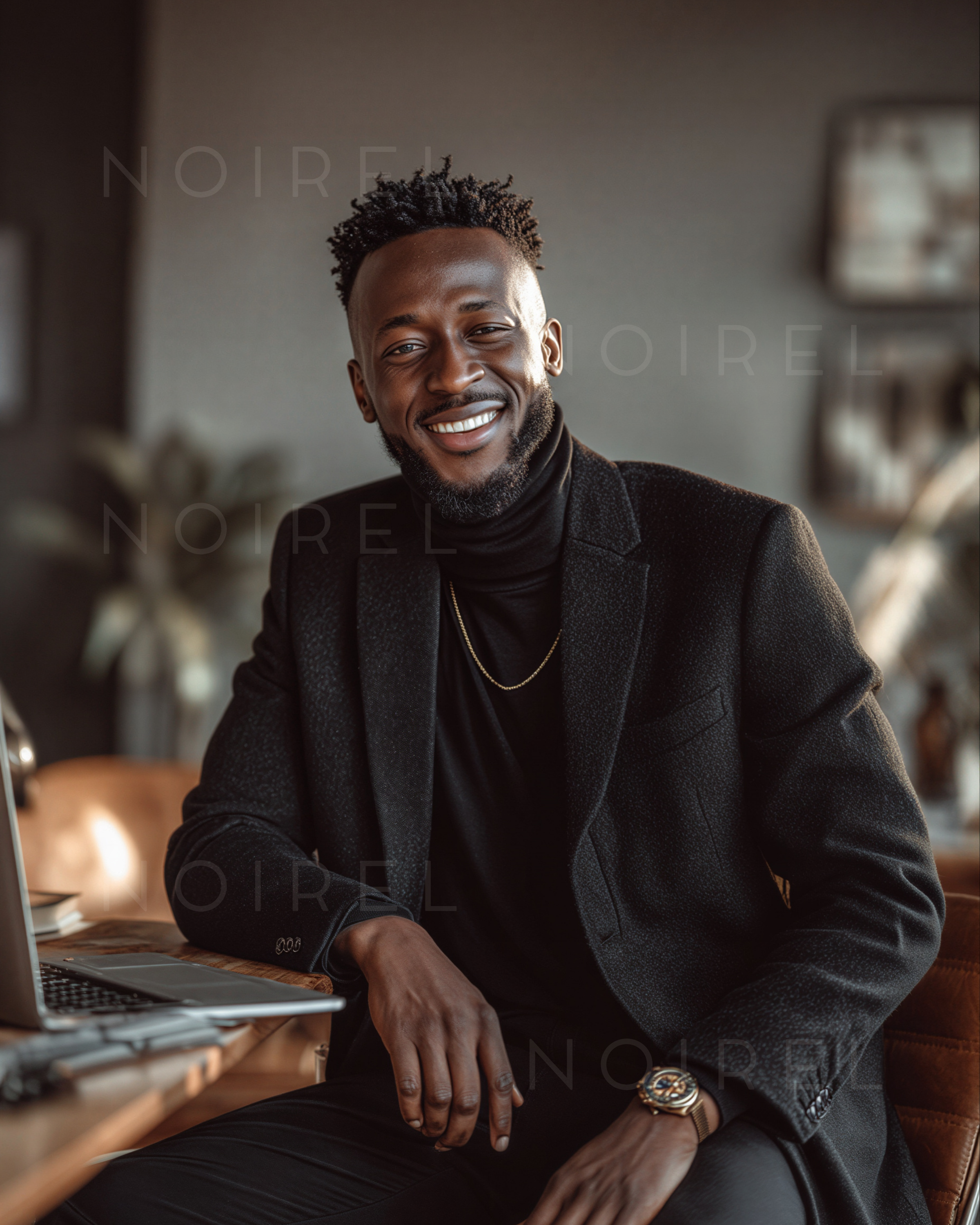 NOIREL dark textured blazer over black turtleneck, gold chain and watch