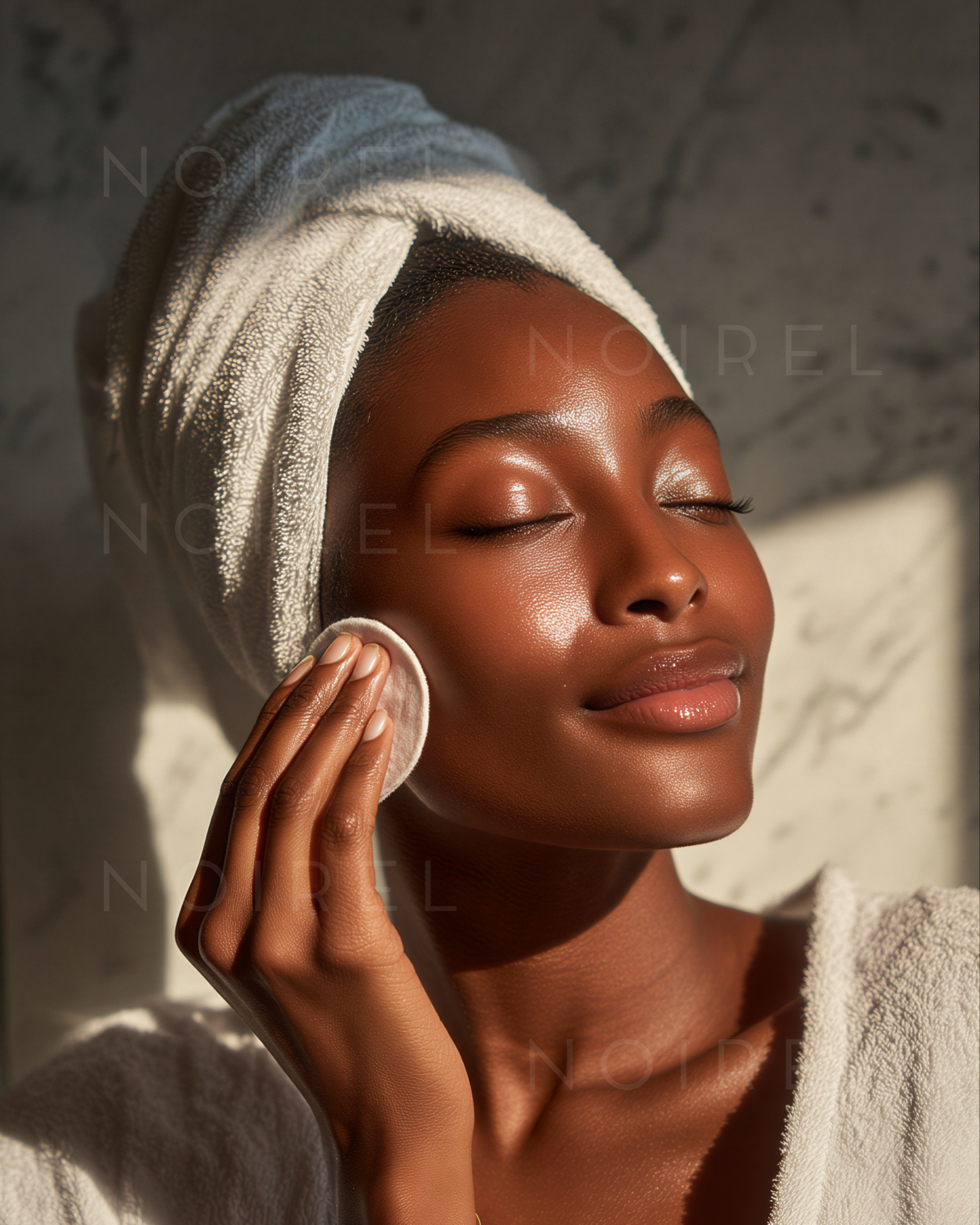 NOIREL NRL012: towel-wrapped face with hand on cheek, eyes closed