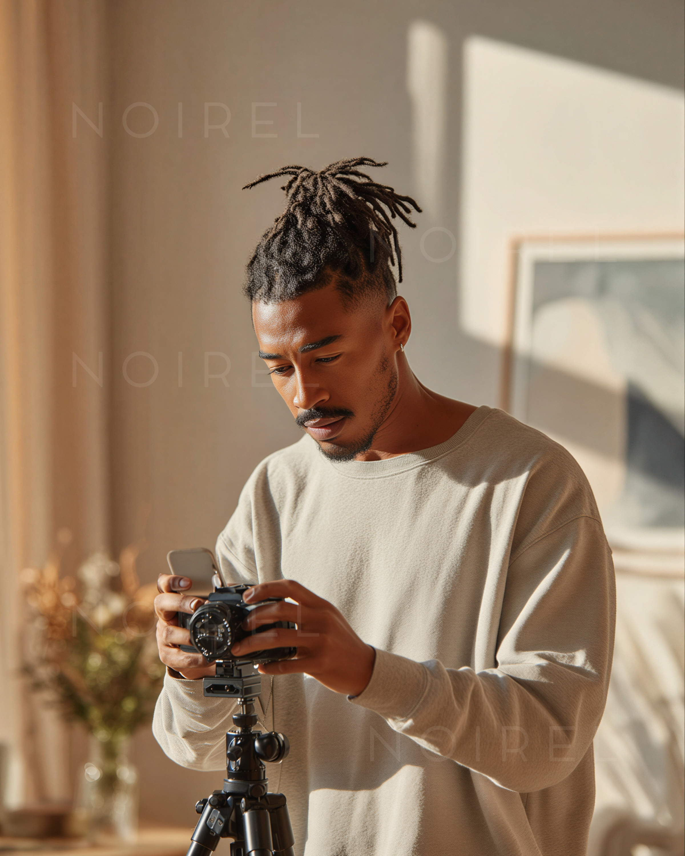 Light beige crewneck sweatshirt worn by a man while holding a camera on a tripod