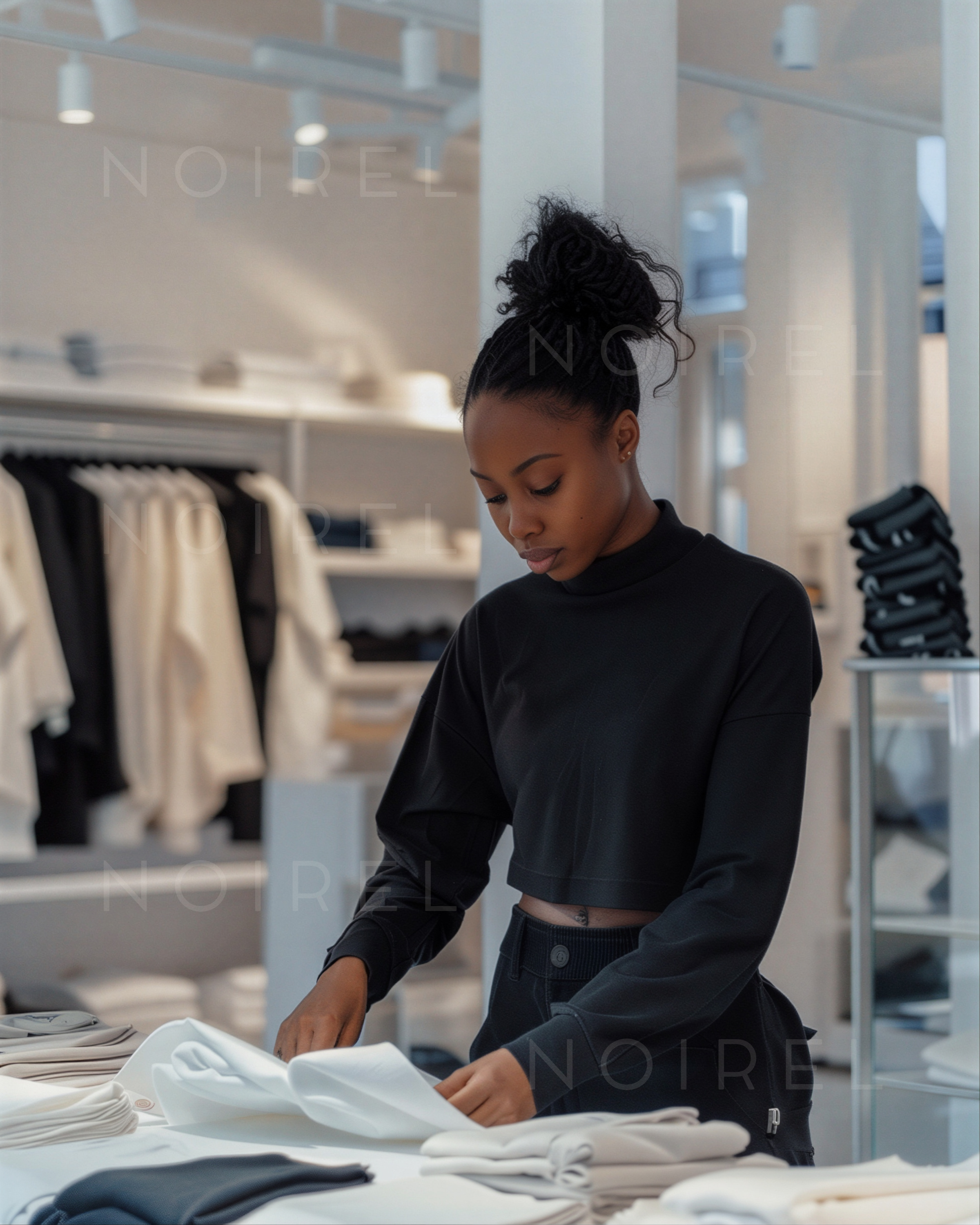 Black long-sleeve turtleneck top, fitted look