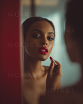 NOIREL lipstick in red shade, applied near the lips