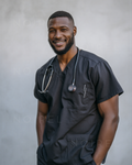 Dark scrub top with V-neck, short sleeves, chest pocket and side seams