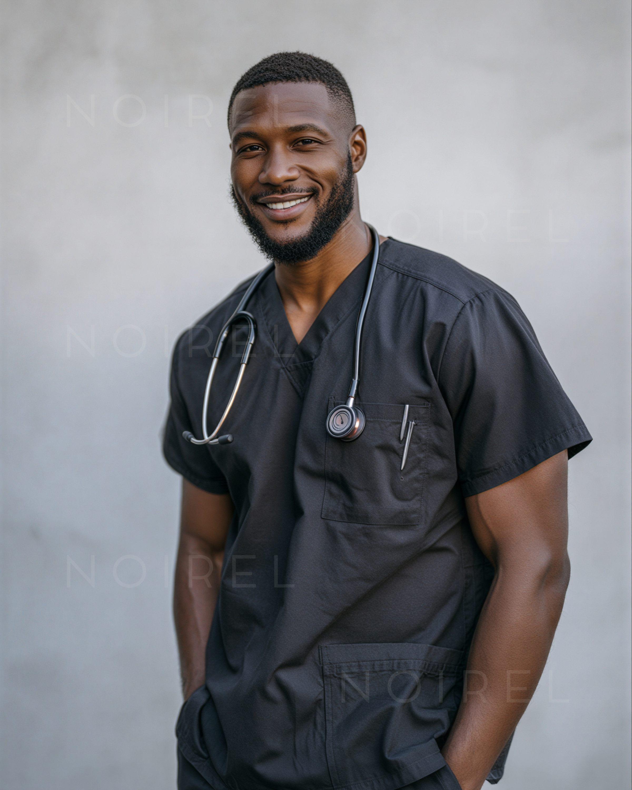 Dark scrub top with V-neck, short sleeves, chest pocket and side seams