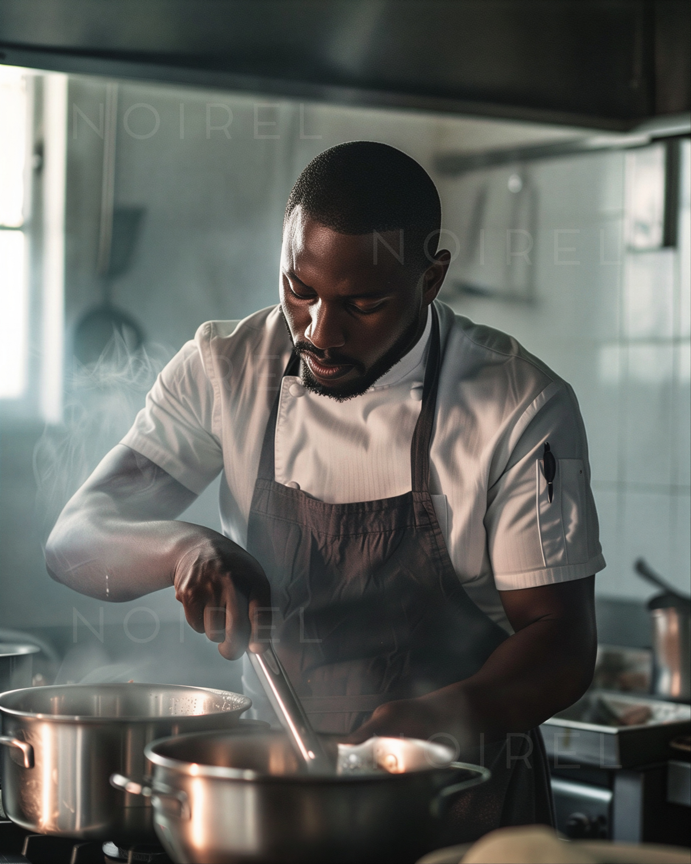 NOIREL work uniform: dark apron with straps and front pocket over white short-sleeve shirt