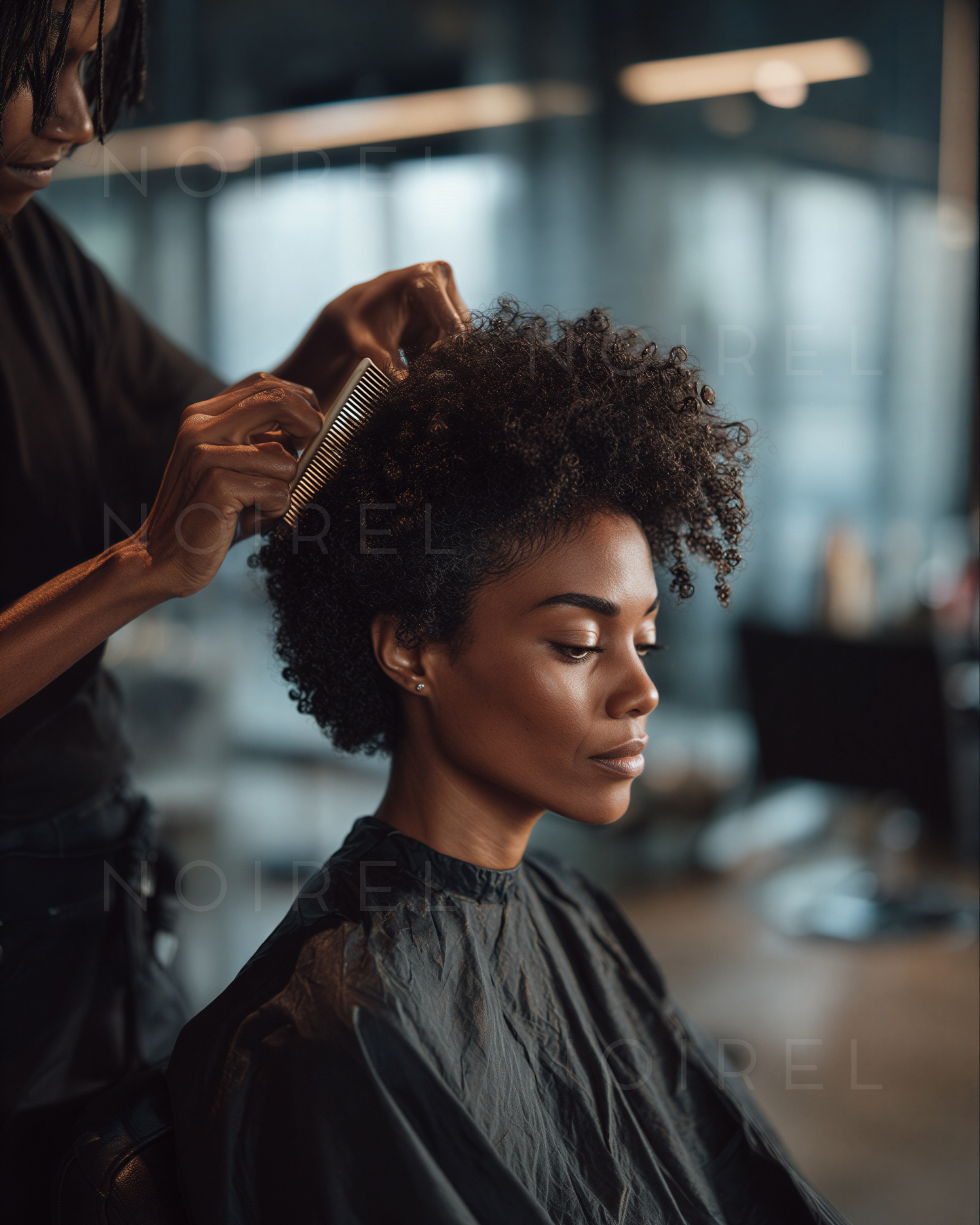 Curly dark wig with textured afro curls, styled near hair comb