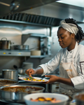 White chef coat and striped apron with pocket and chef hat