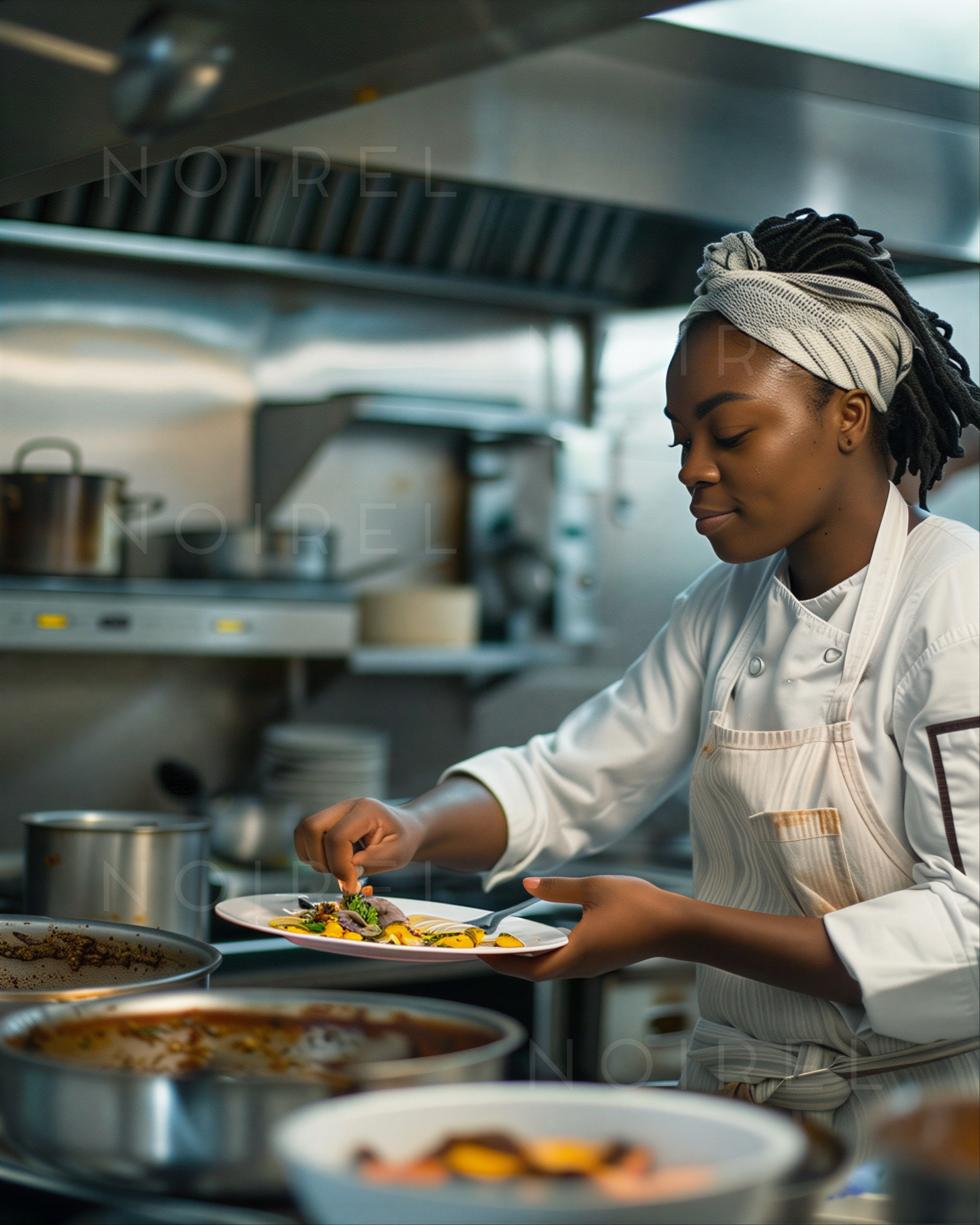 White chef coat and striped apron with pocket and chef hat