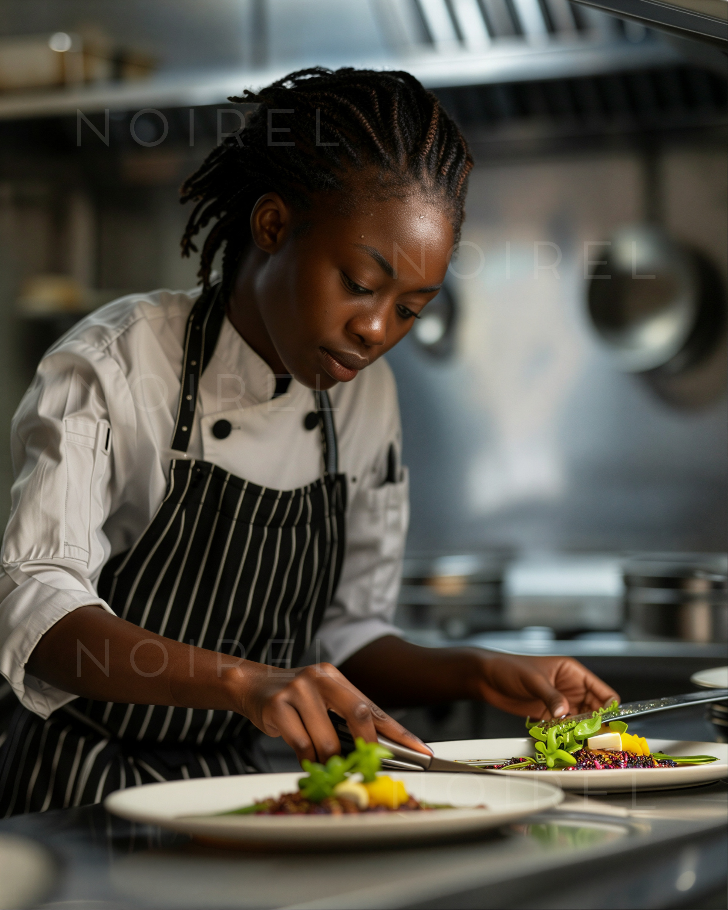 NOIREL NRL152: white chef jacket with black striped apron while plating food