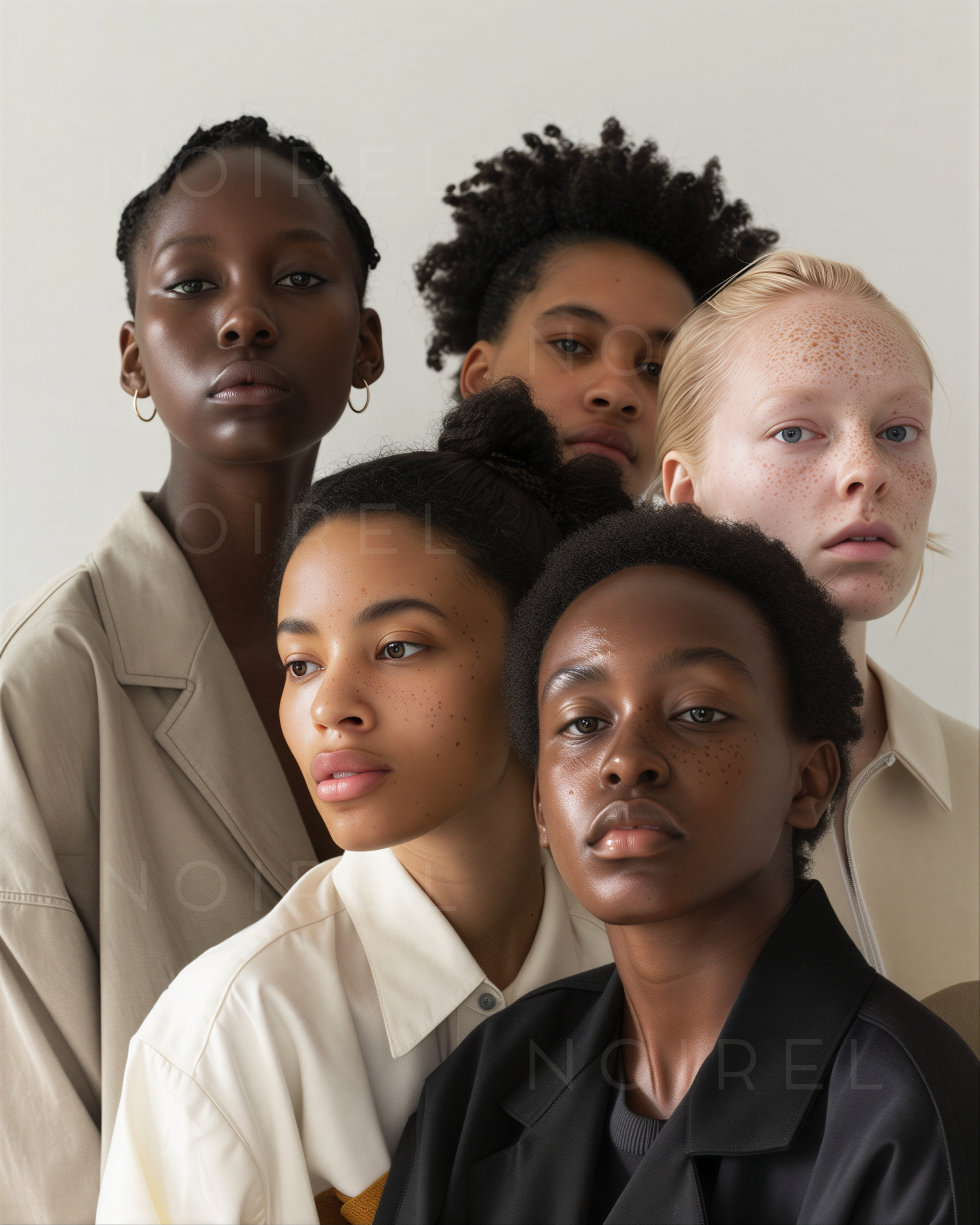 Porträts von fünf Personen mit dezentem Make-up und sichtbaren Sommersprossen