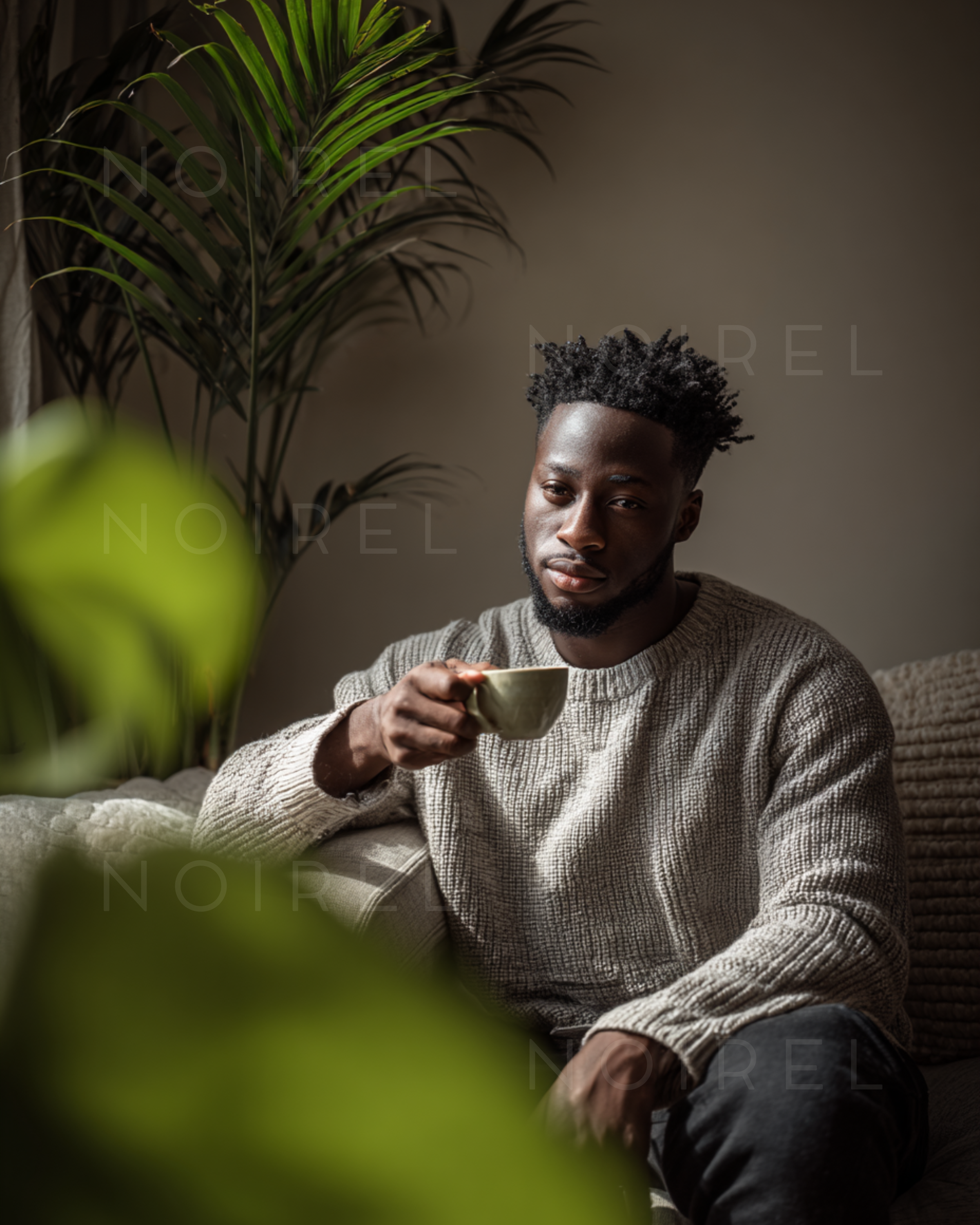 NOIREL textured knit crewneck sweater, long sleeves in heather gray