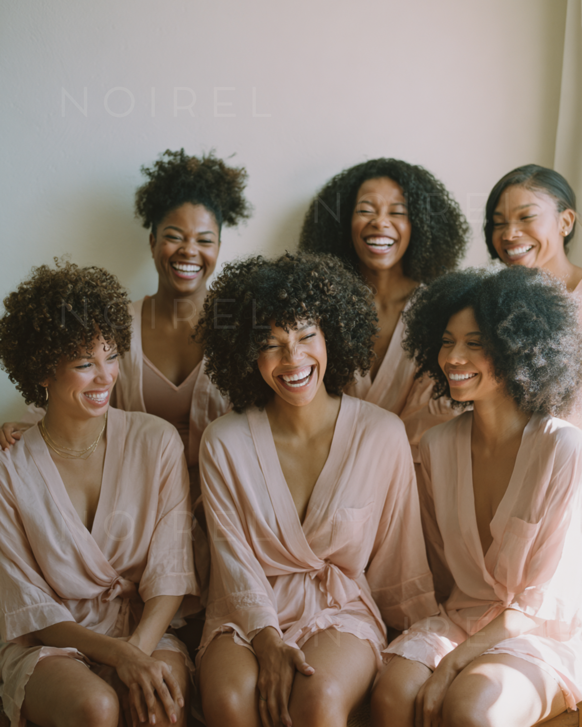 NOIREL Seasons of Life light pink satin wrap robes, draped tie waist worn by group