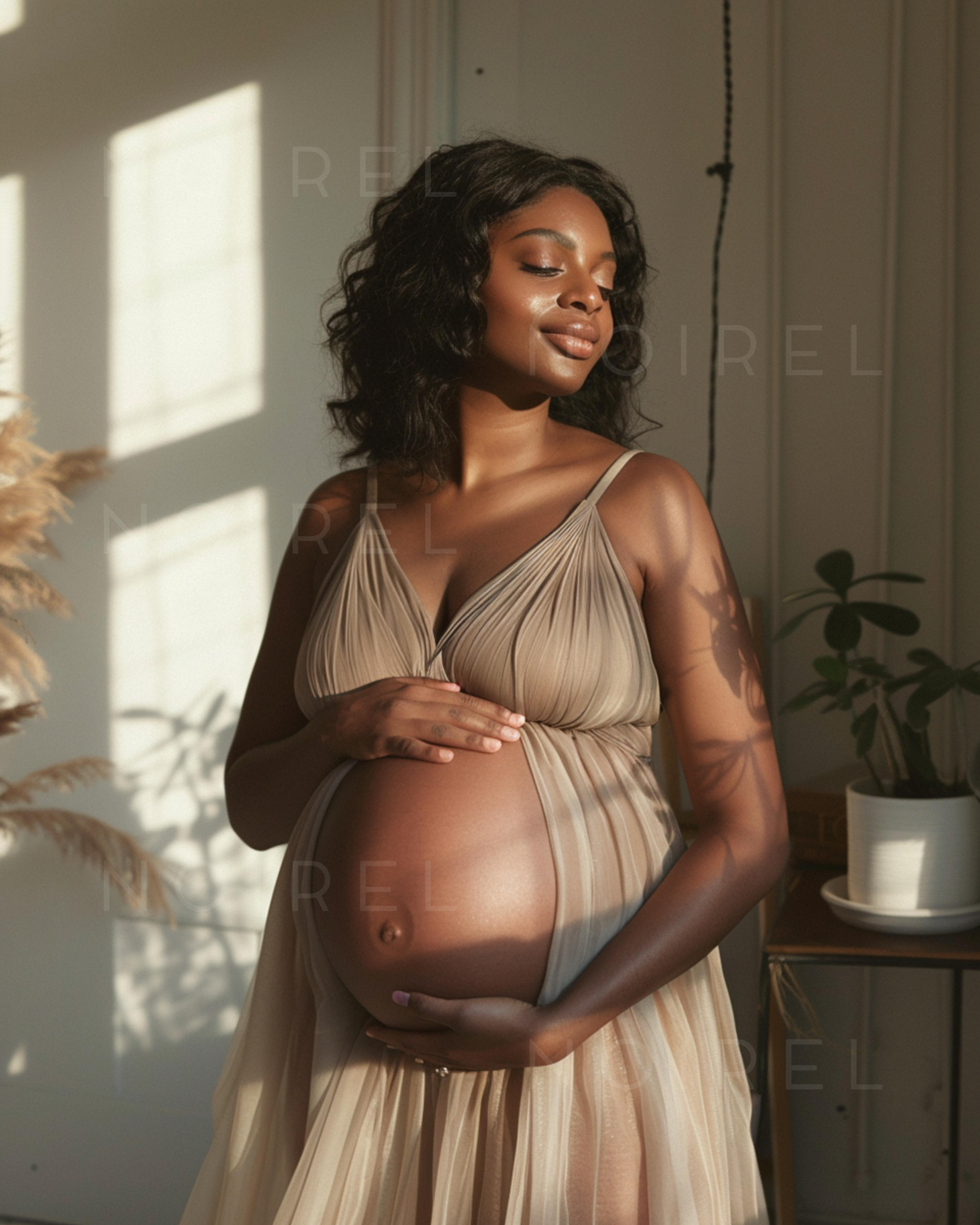 Maternity slip dress with thin straps and V-neck, pleated flowy fabric in light gray
