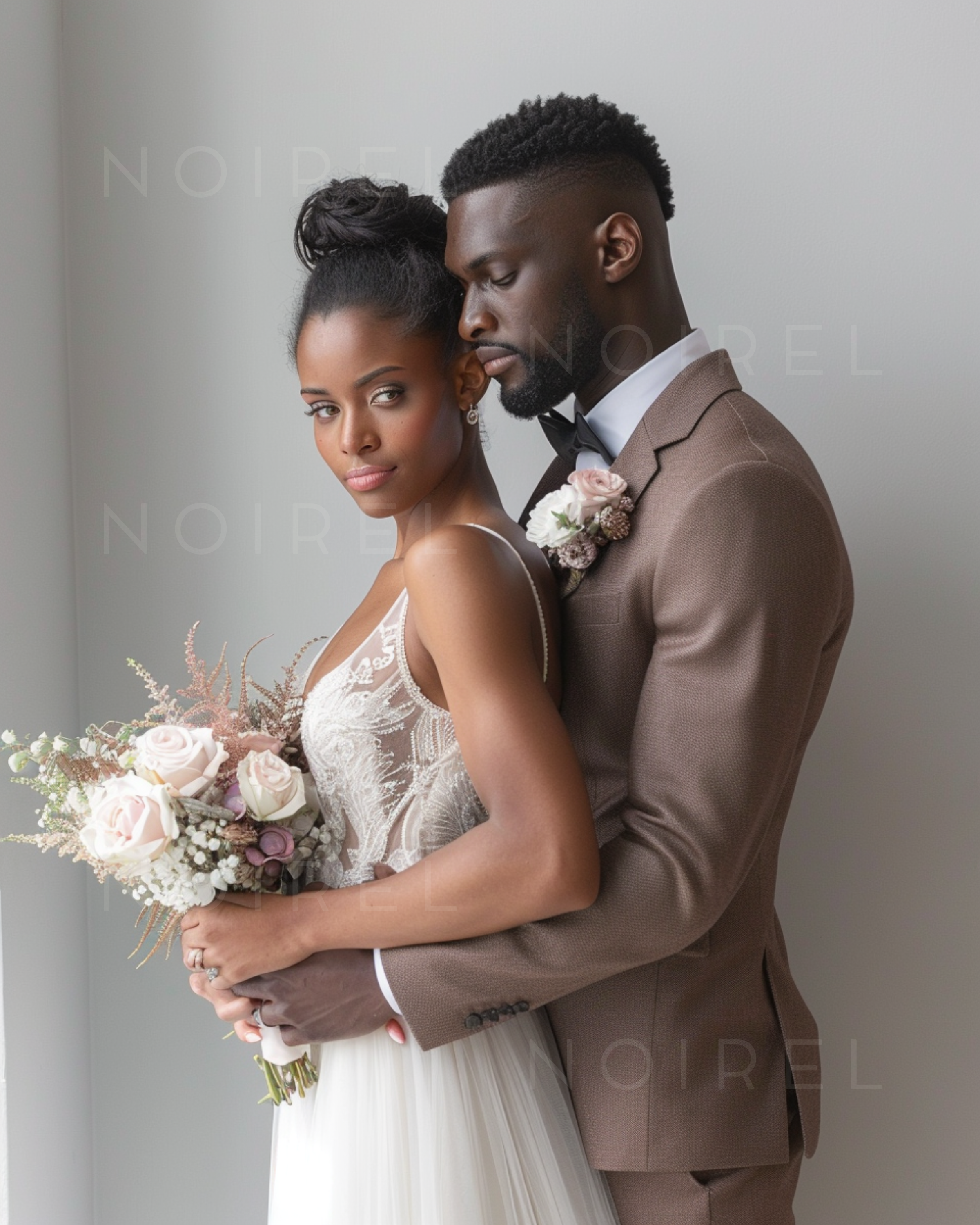NOIREL NRL183: weißes Spitze-Kleid mit Trägern und brauner Anzugjacke