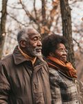 Brown plaid coat with rust-orange scarf on woman