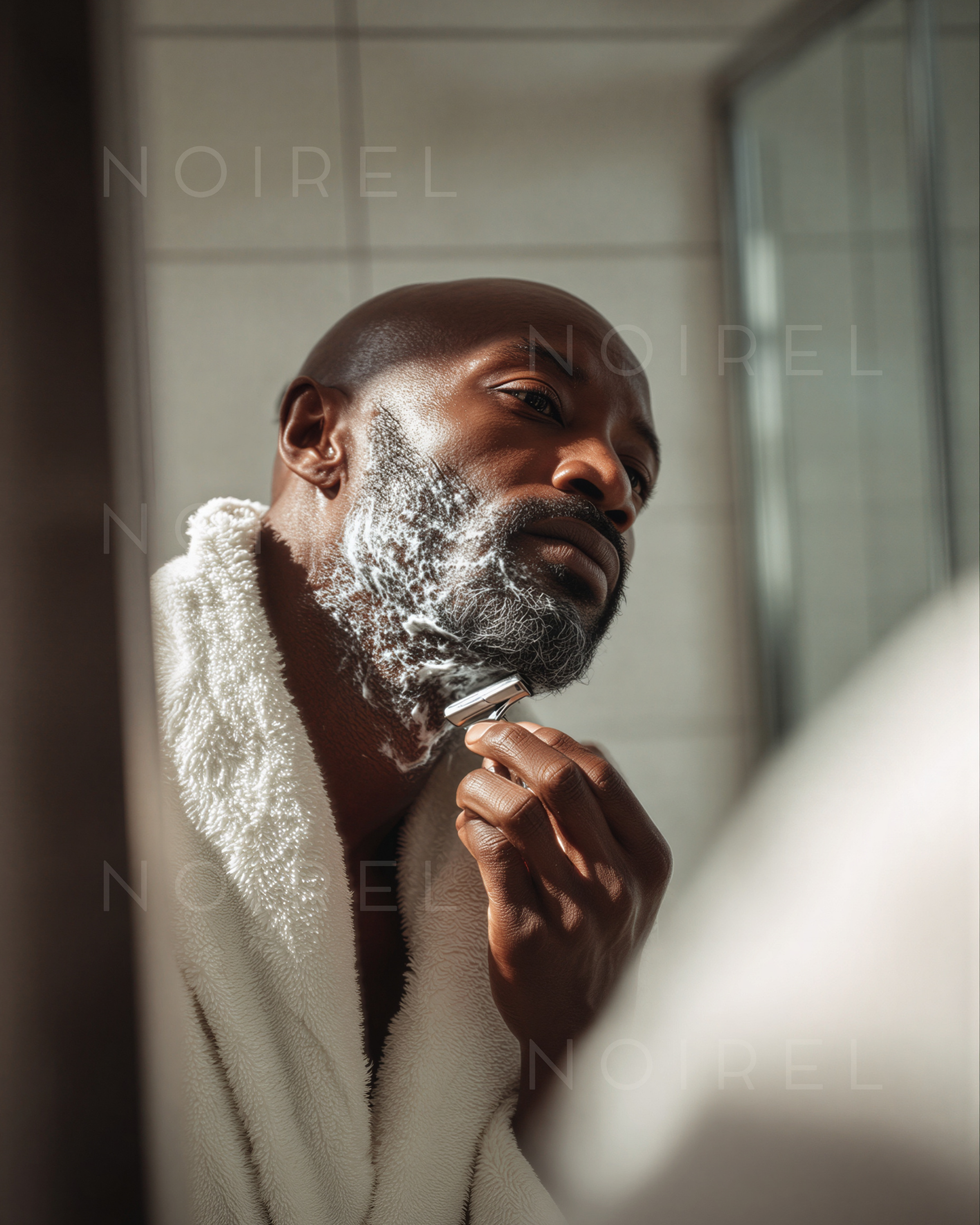 Man applying grooming product to beard, dark skin, close-up grooming action