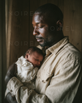 Light beige button-up shirt with collar and button placket, worn by a man holding a baby