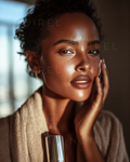 Skincare jar with reflective lid; woman touching cheek