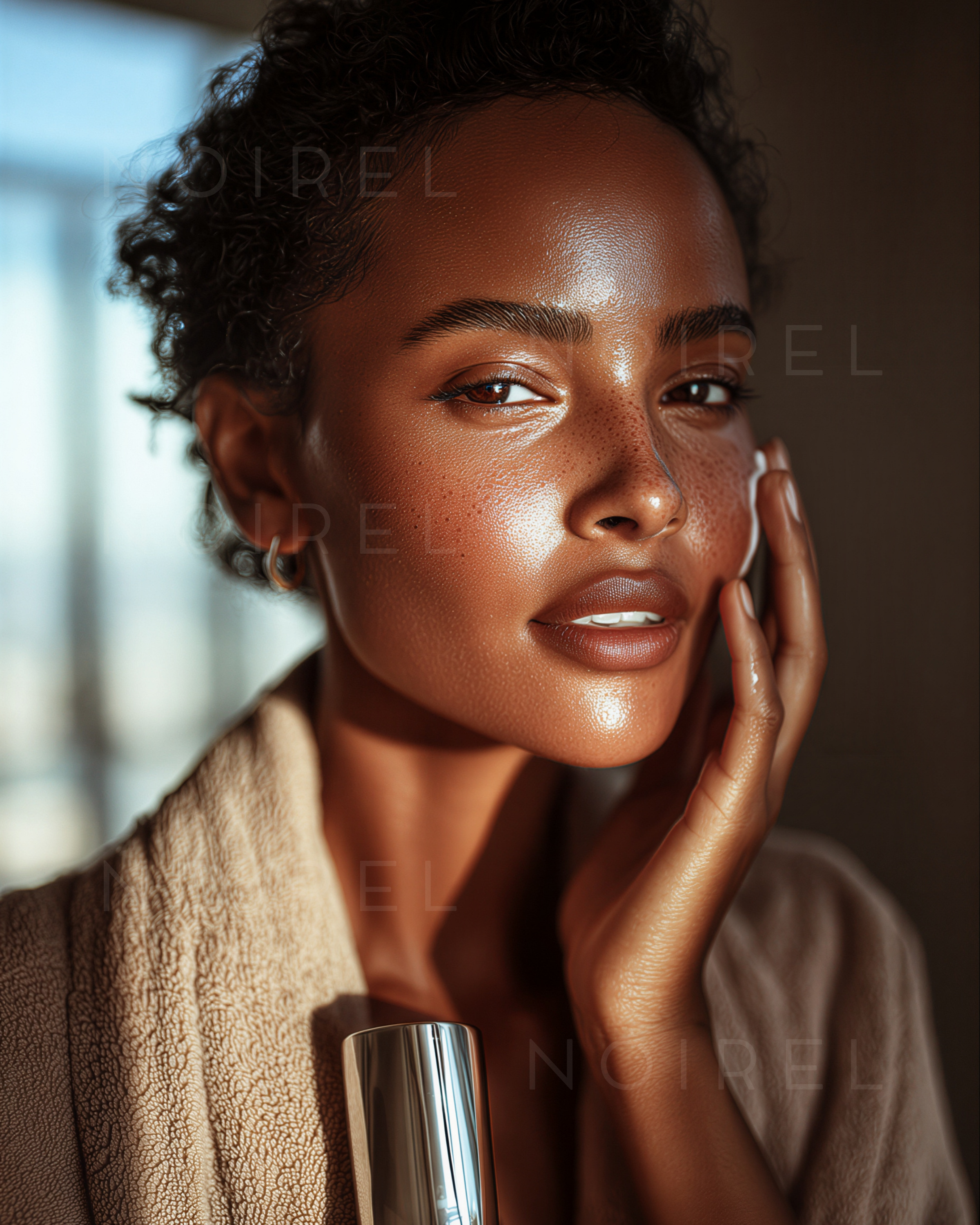 Skincare jar with reflective lid; woman touching cheek