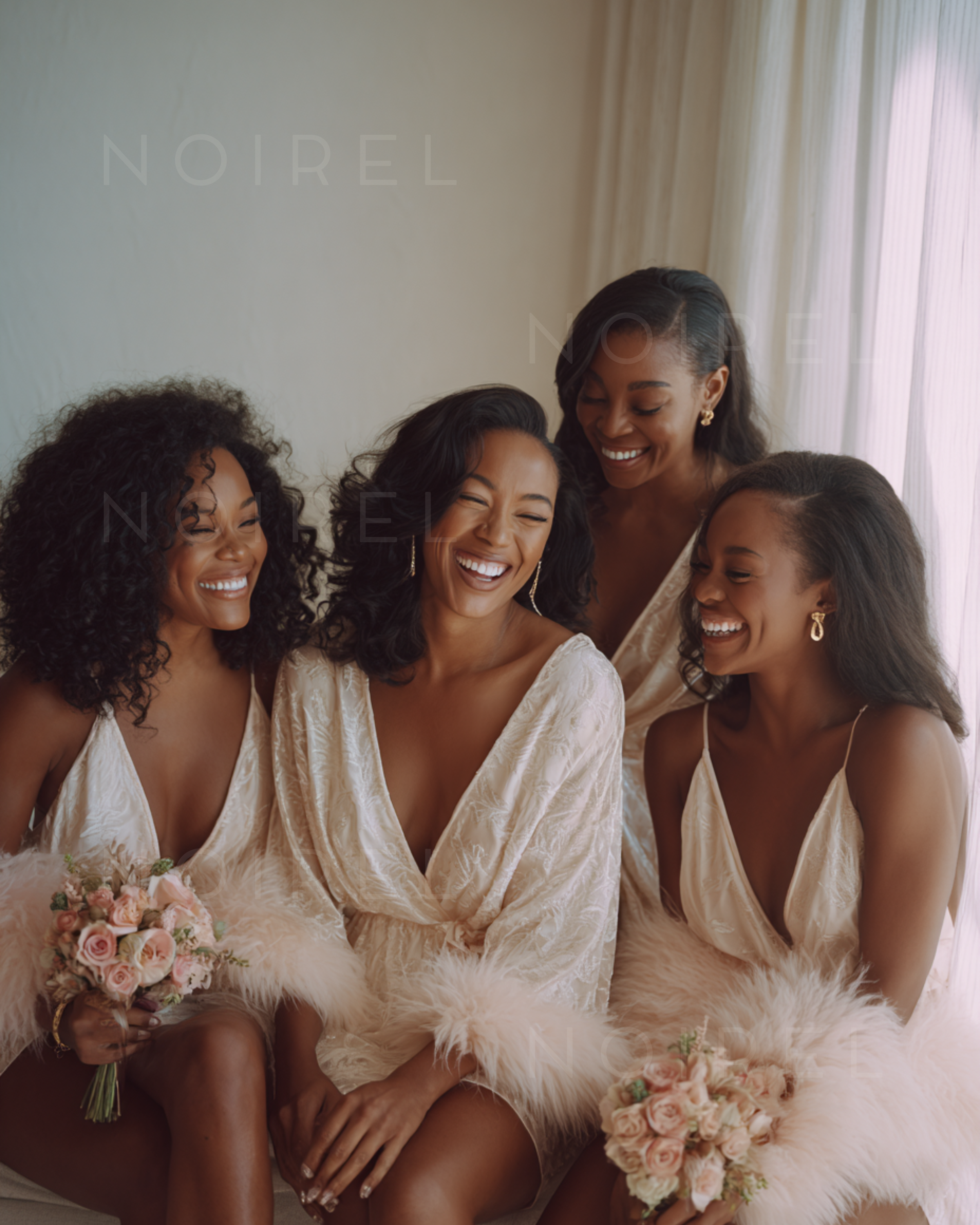 Ivory sleeveless dress with deep V-neck and feather trim, NOIREL Seasons of Life