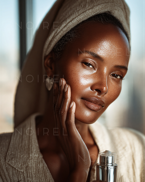NOIREL NRL022 cosmetico in flacone argento, tenuto vicino al viso