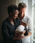 Family holding a newborn baby in a cozy embrace near a window