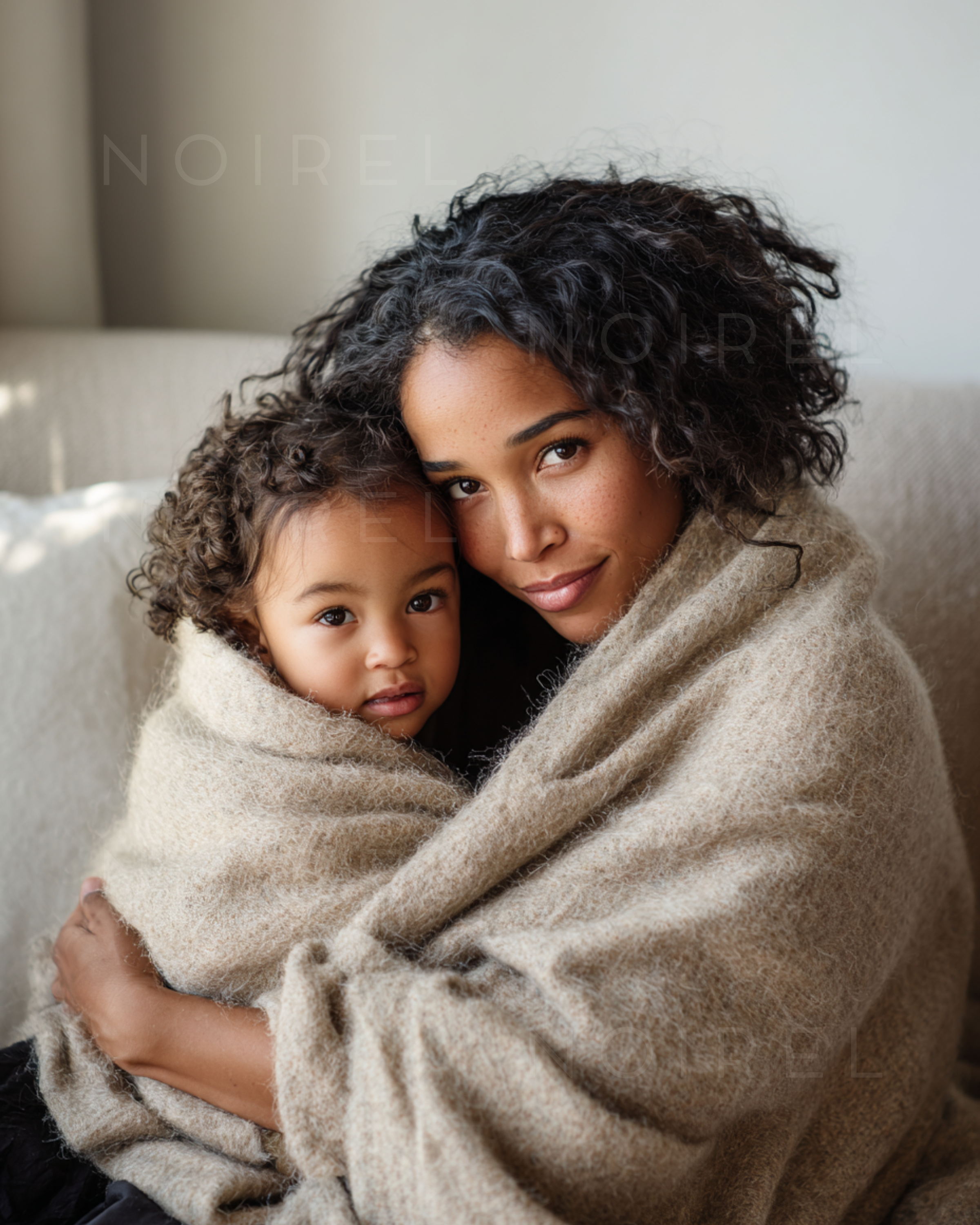 Beige knit wrap/shawl draped around a woman holding a baby