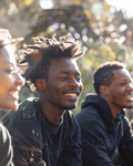 Groups & Families photo: smiling men in denim jacket and black hoodie