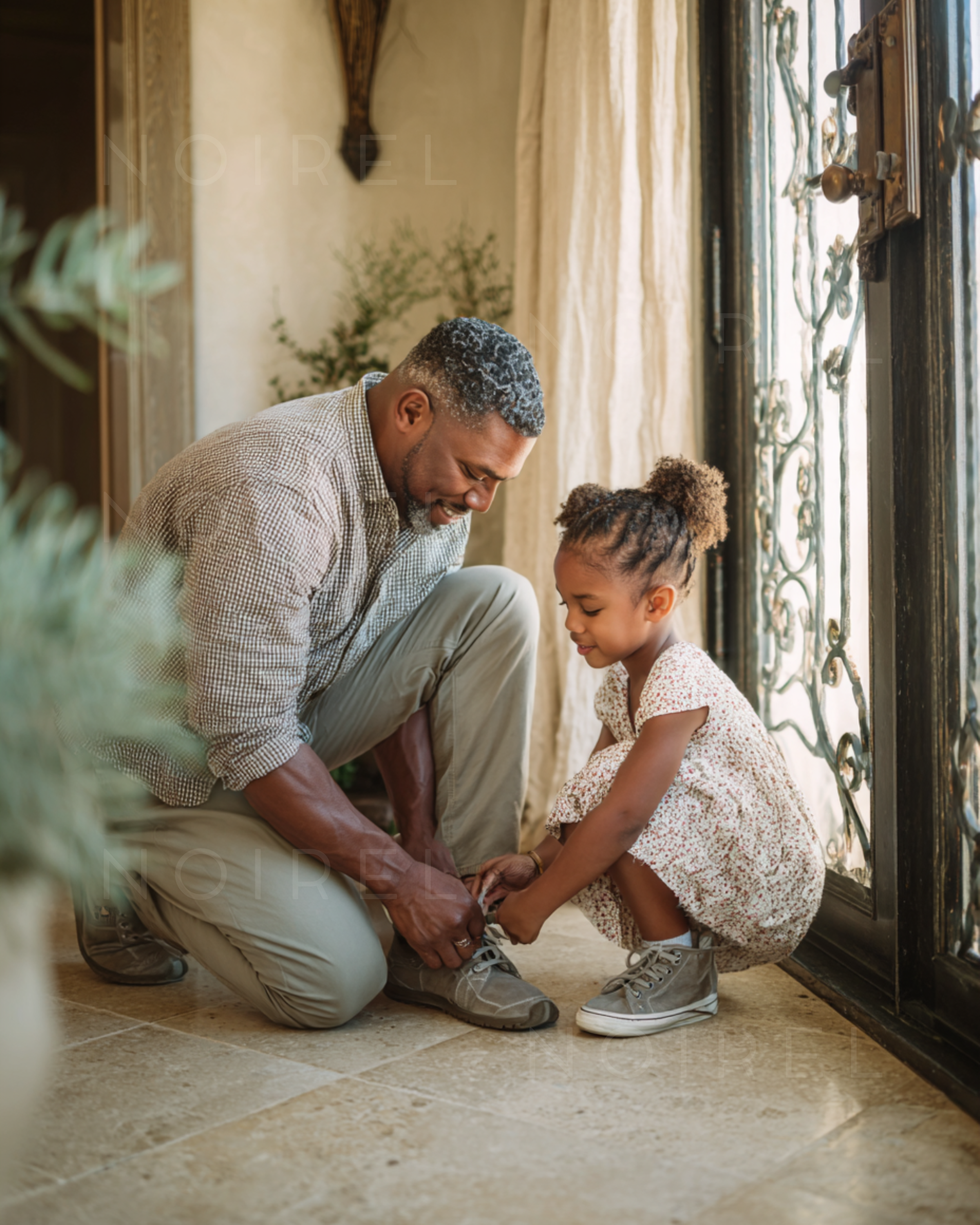 NOIREL NRL234 checkered shirt and light trousers, kneeling beside a child