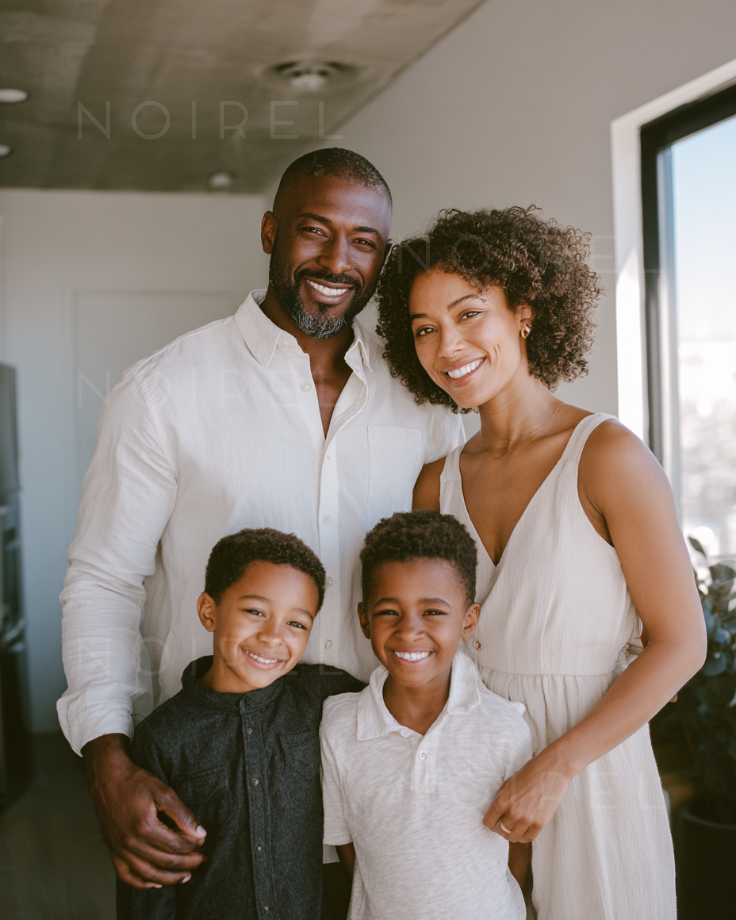 NRL236 family portrait: white button-up, sleeveless dress, dark and white shirts
