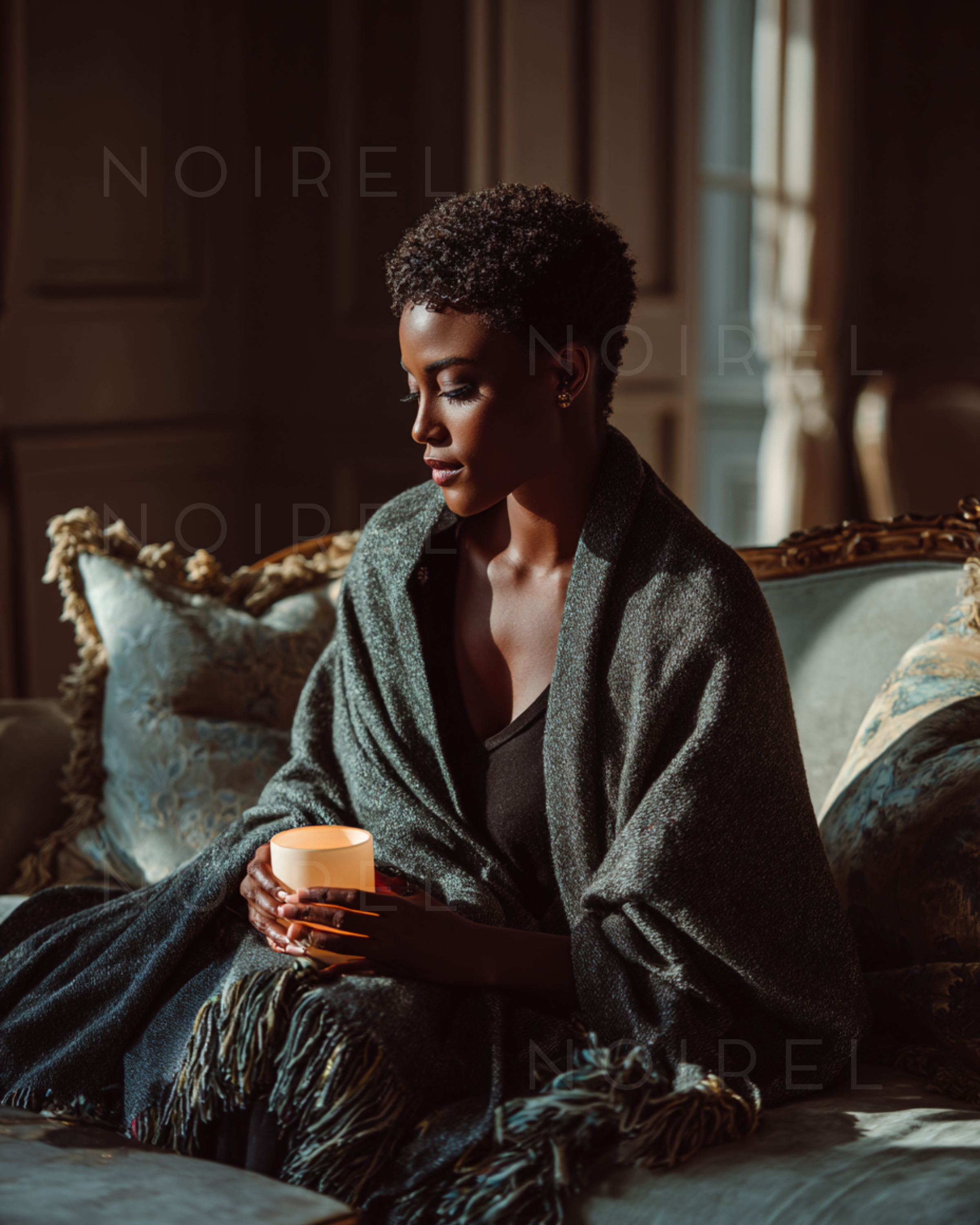 Dark fringed wrap/shawl with textured knit, worn over a top