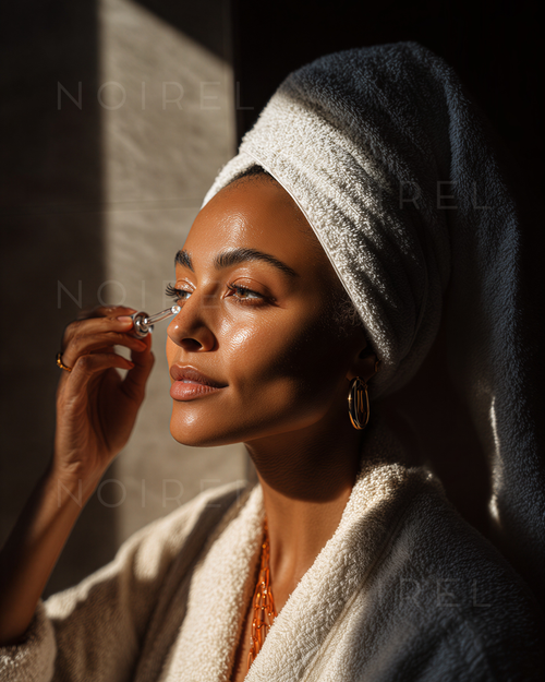 NOIREL NRL025 head wrap towel, dark with cream edge, close-up view