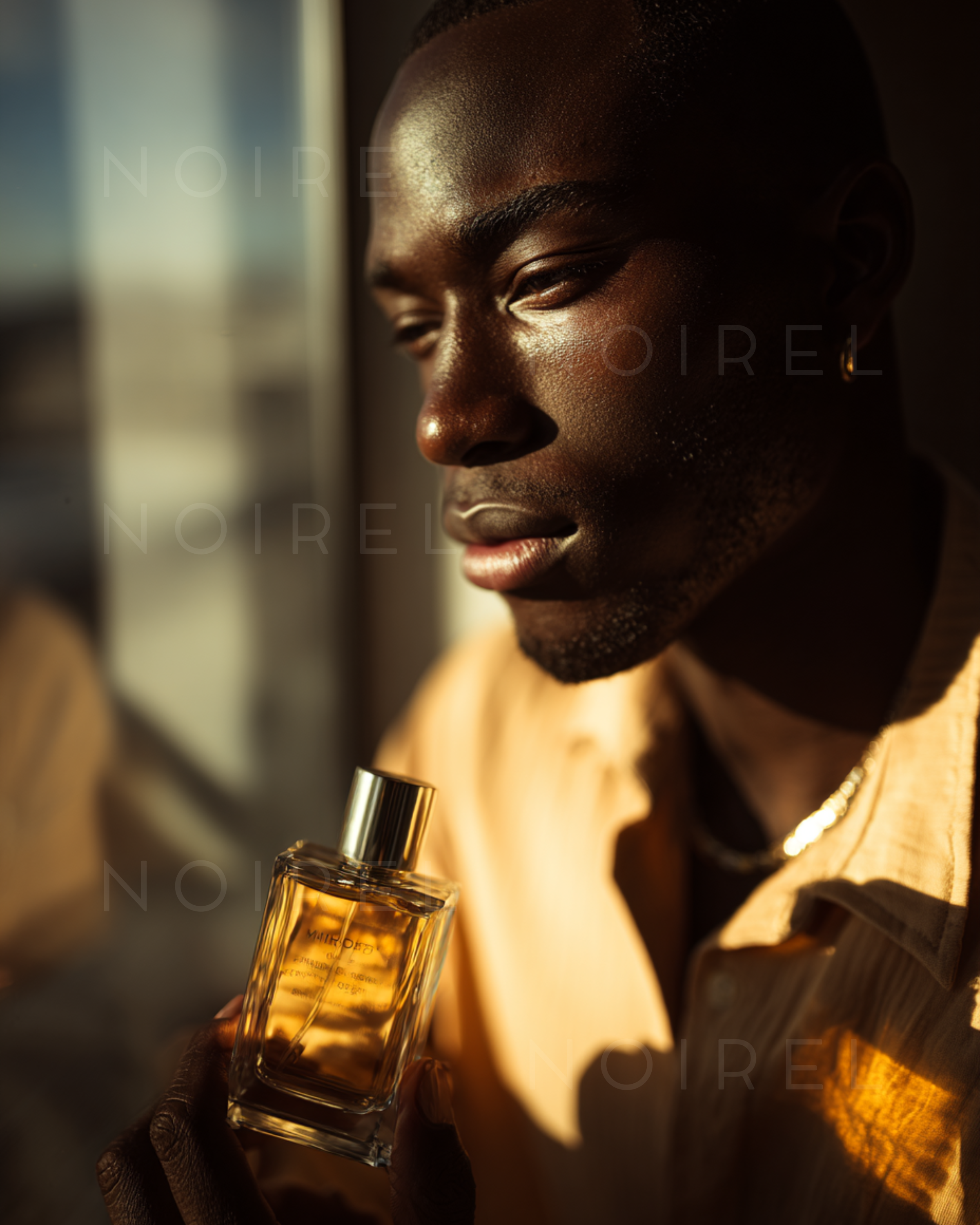 Perfume spray bottle with gold cap and amber liquid, held in front of person
