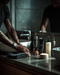 NRL262 Pflegekosmetik auf Ablage mit Handtuch und Spenderflaschen