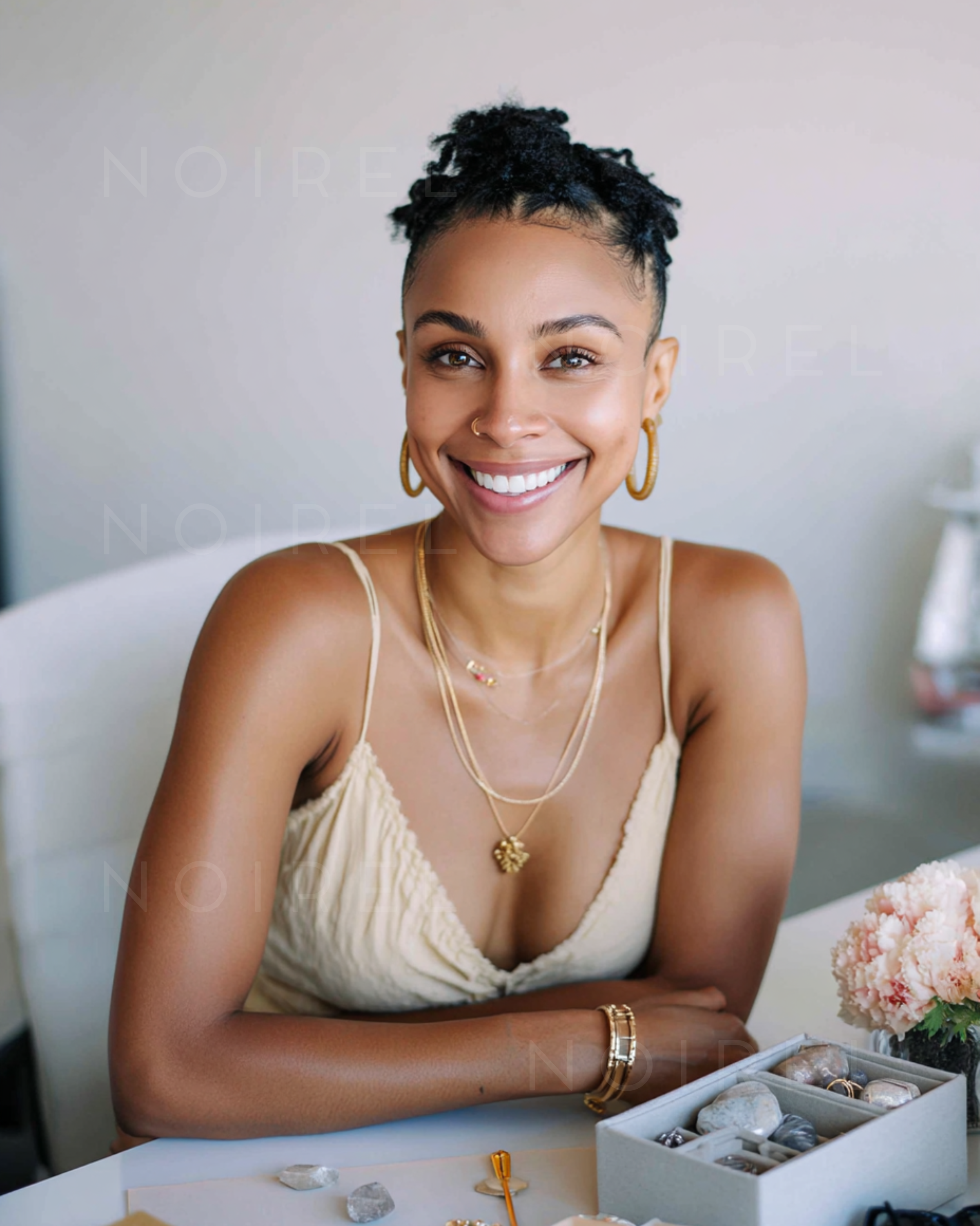 Gold layered pendant necklace with small charm, worn with hoop earrings