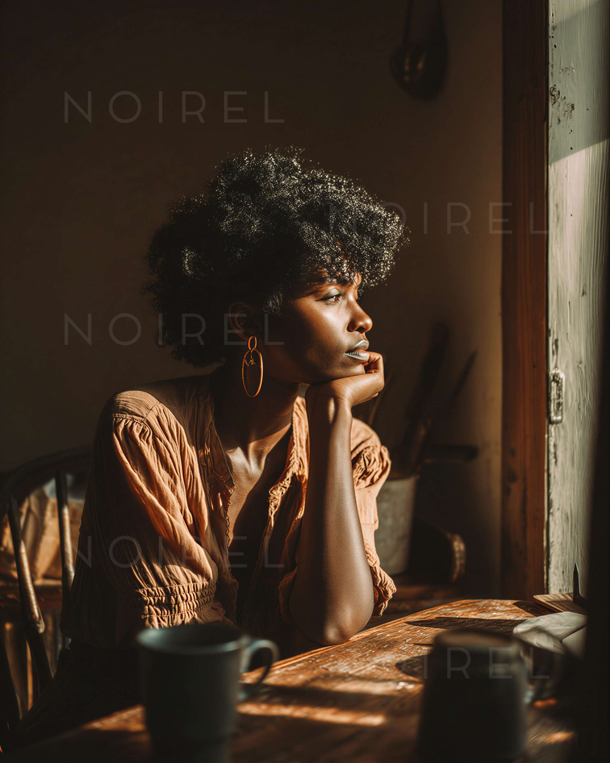 NOIREL NRL272 Portrait: Frau mit kurzem lockigem Haar, großer goldfarbener Ohrring, braune Bluse.