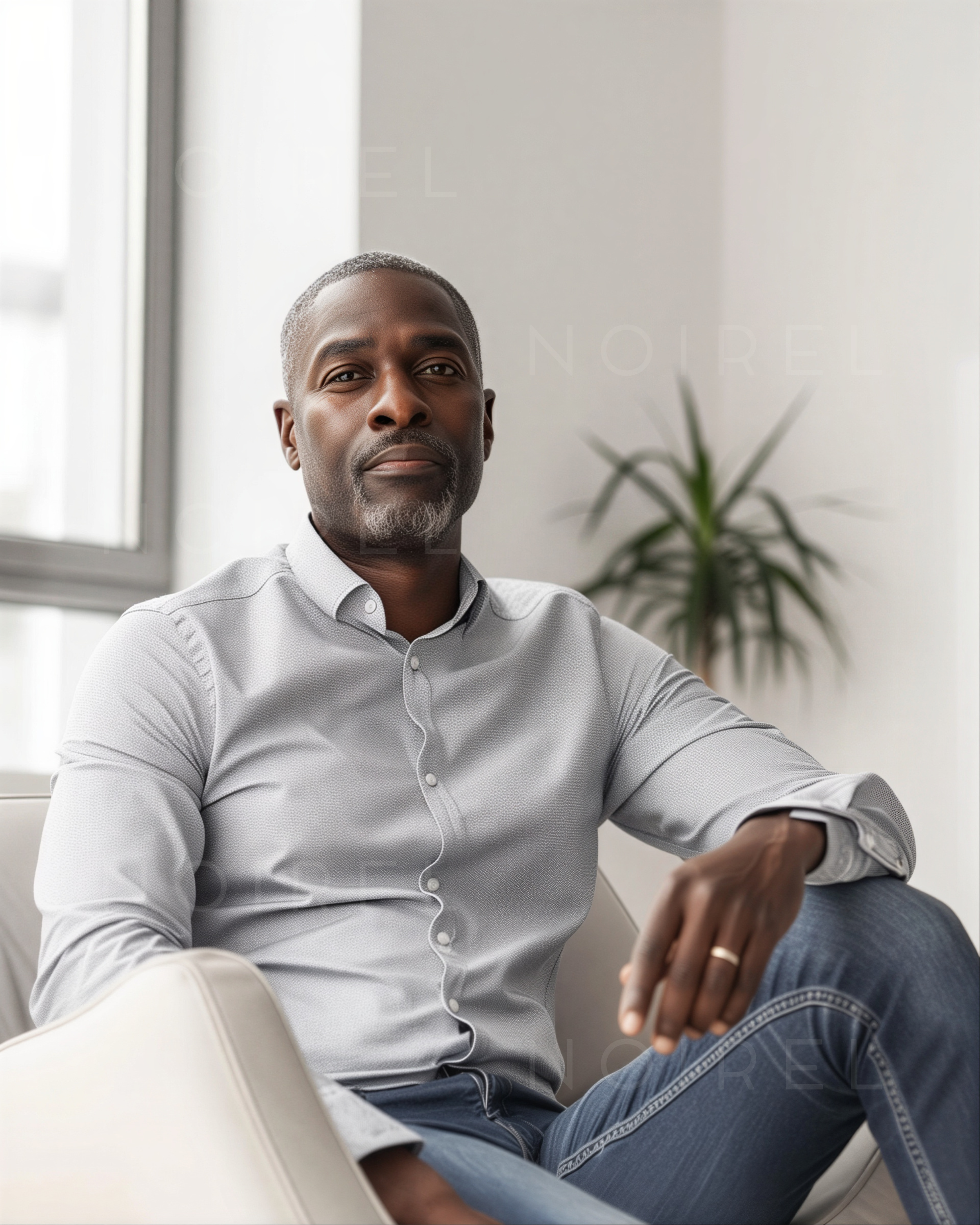 Light gray button-up shirt and blue jeans, seated portrait with folded arms