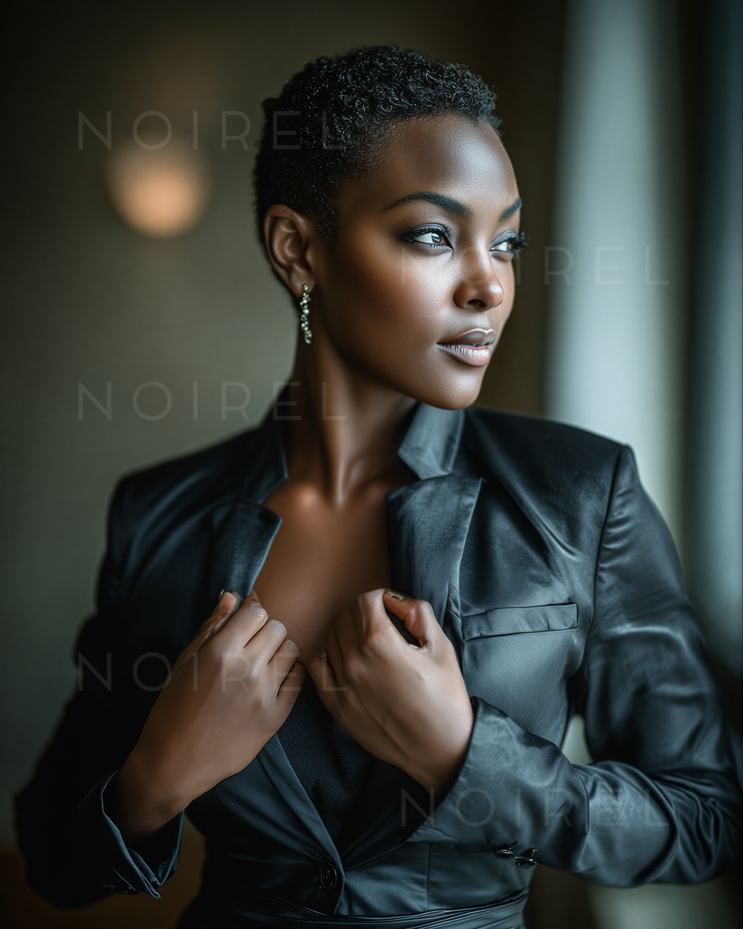 Black satin blazer portrait, woman in earrings and necklace, side profile close-up.