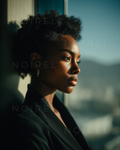 NOIREL portraits NRL279: side-profile woman in dark blazer with hoop earrings