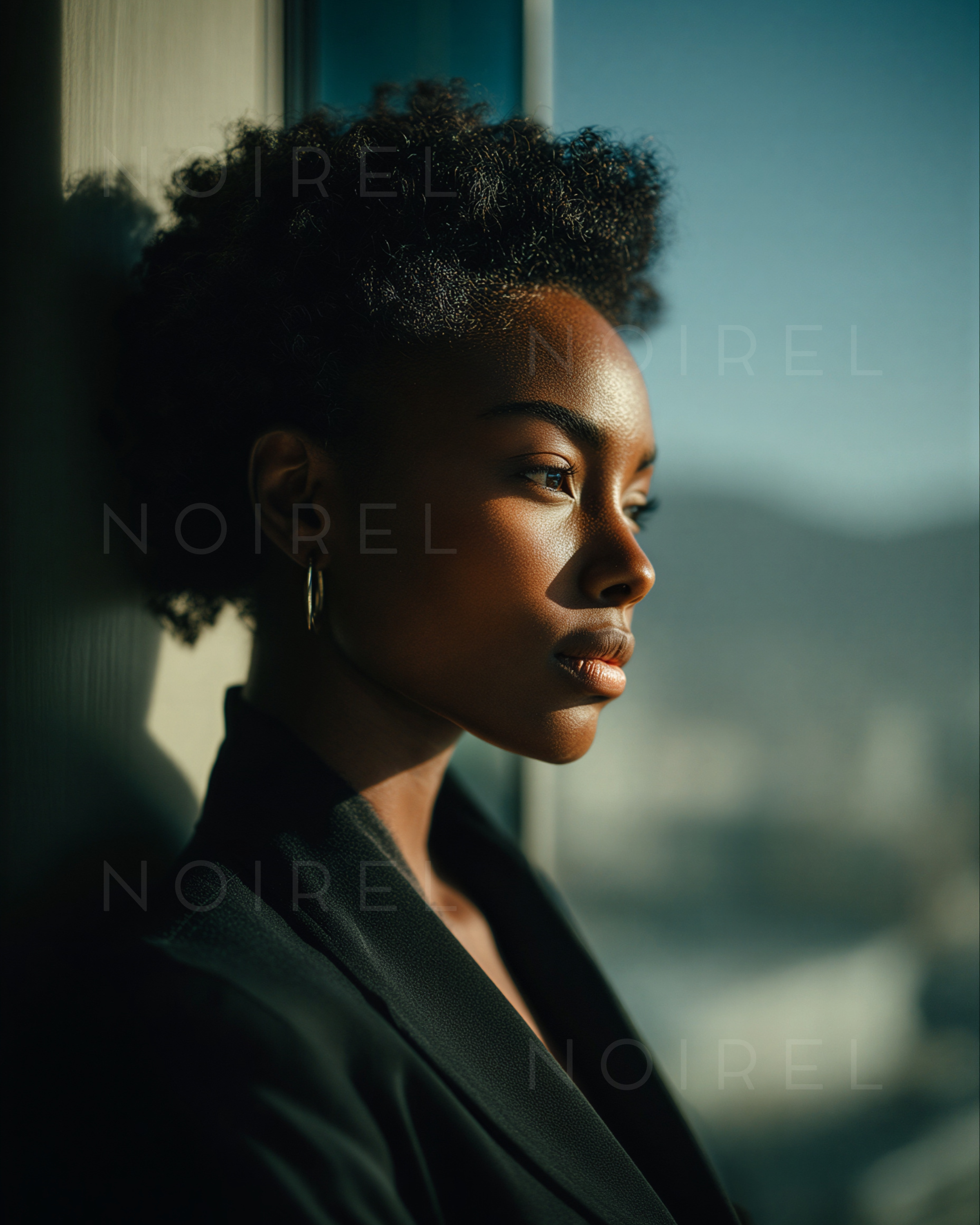 NOIREL portraits NRL279: side-profile woman in dark blazer with hoop earrings