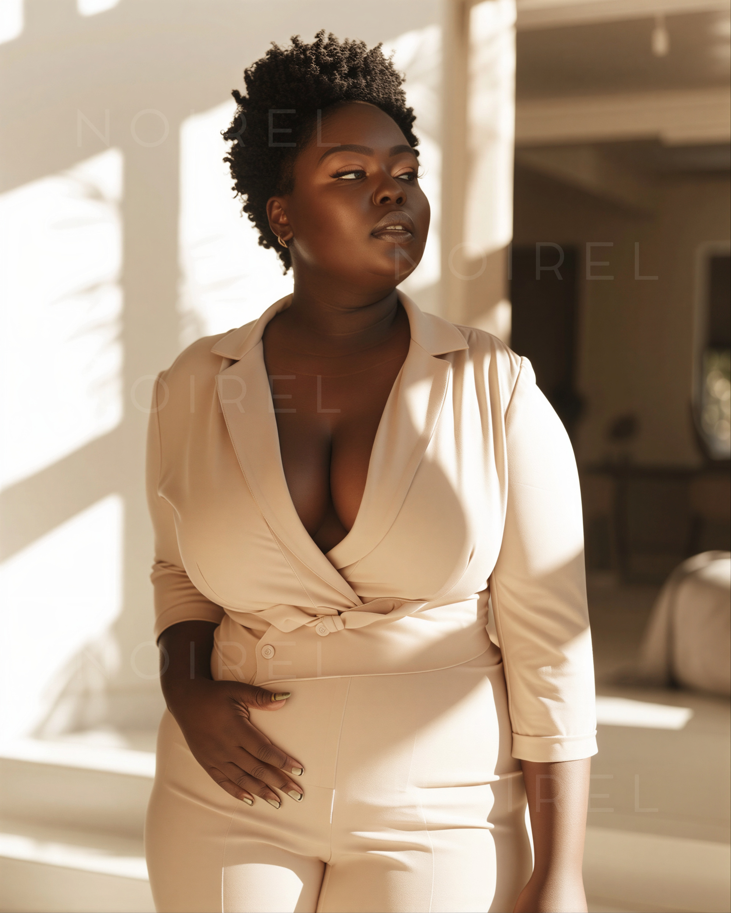 Light beige long-sleeve wrap top with deep V neckline and matching pants