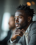 NOIREL Portrait NRL283 close-up of a man with short curly hair, hand at chin, earring