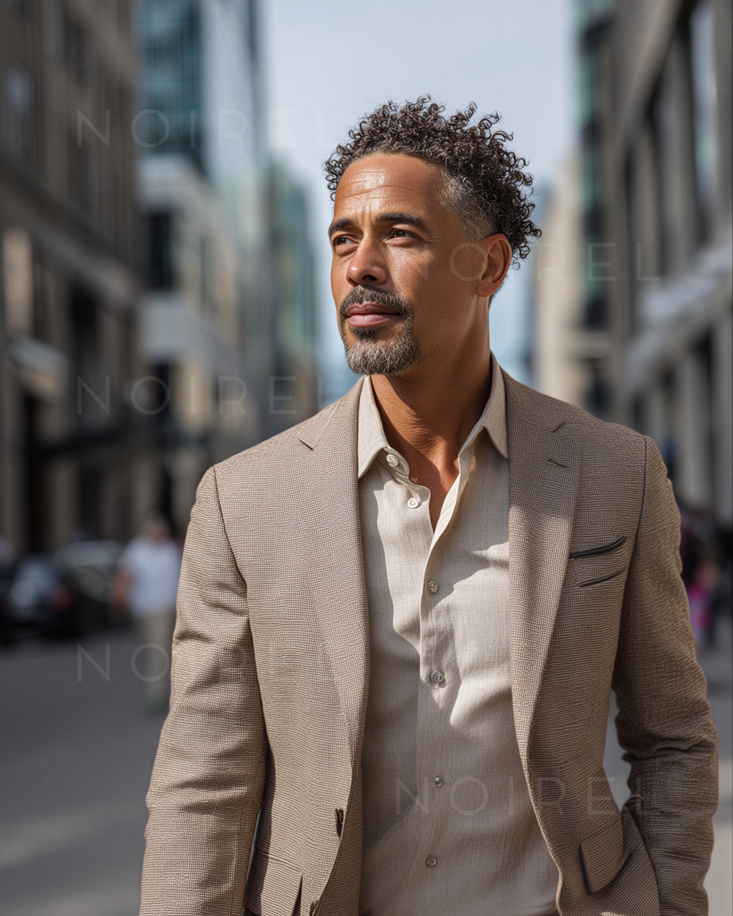 Beige blazer over white button-up shirt, men’s portrait