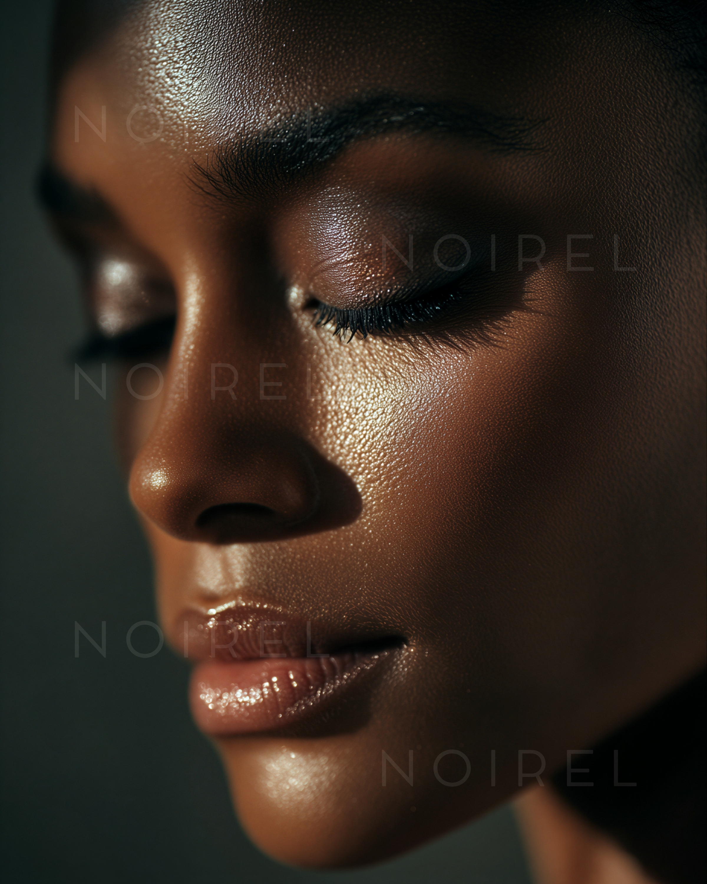 NOIREL NRL003 skincare—close-up of glossy face skin and lips