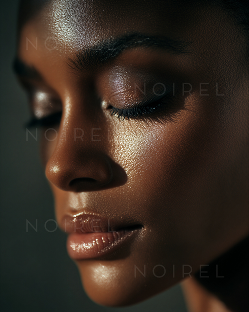 NOIREL NRL003 skincare—close-up of glossy face skin and lips