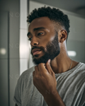 NOIREL NRL030: man with beard, hand on chin, gray T-shirt