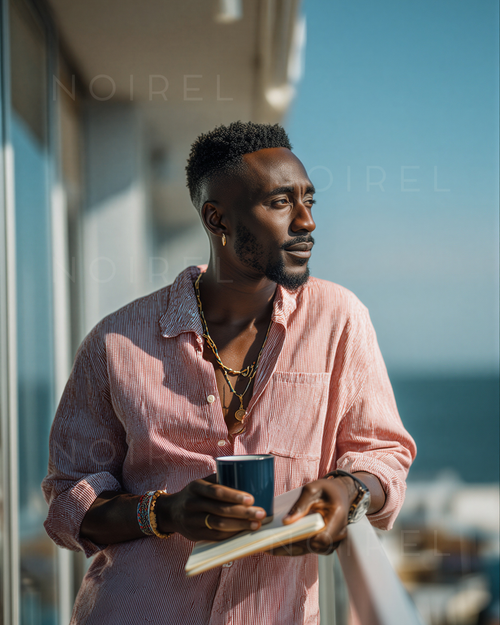 Pink striped button-up shirt; man holding a mug and thin clipboard